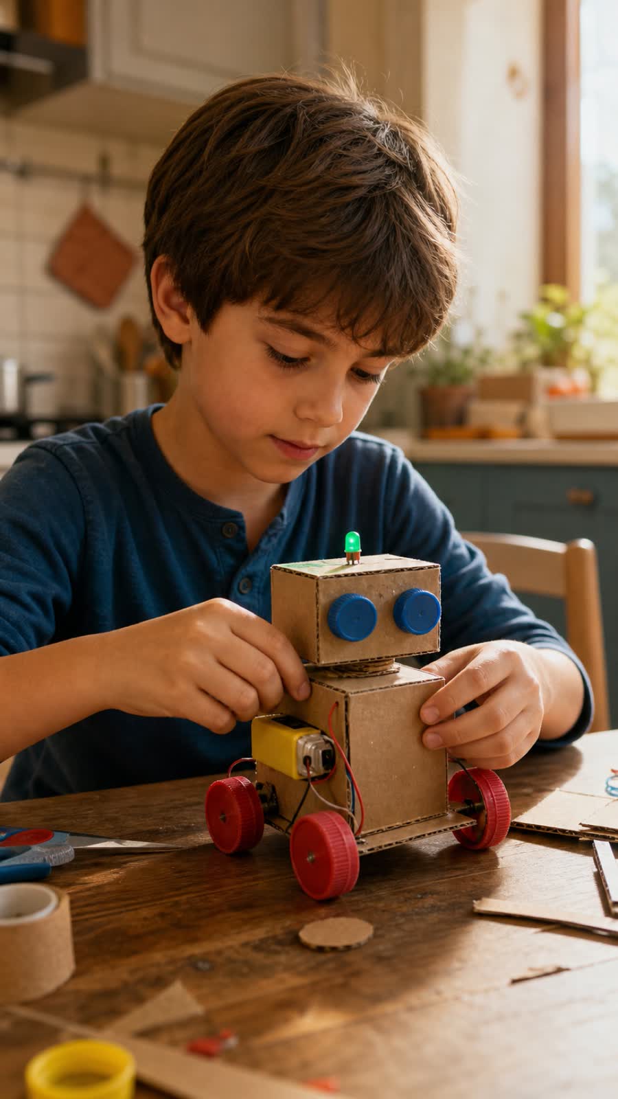 Bambino assembla un robot di cartone