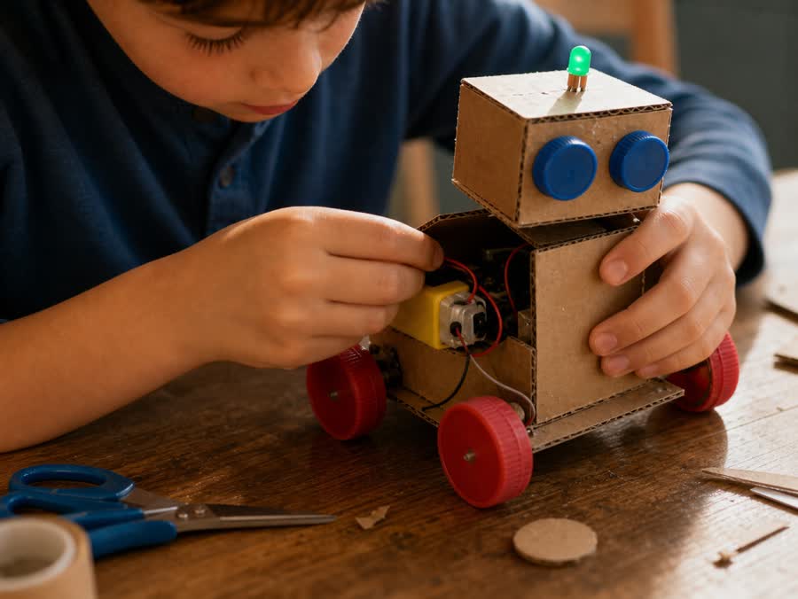 Bambino collega un piccolo motore