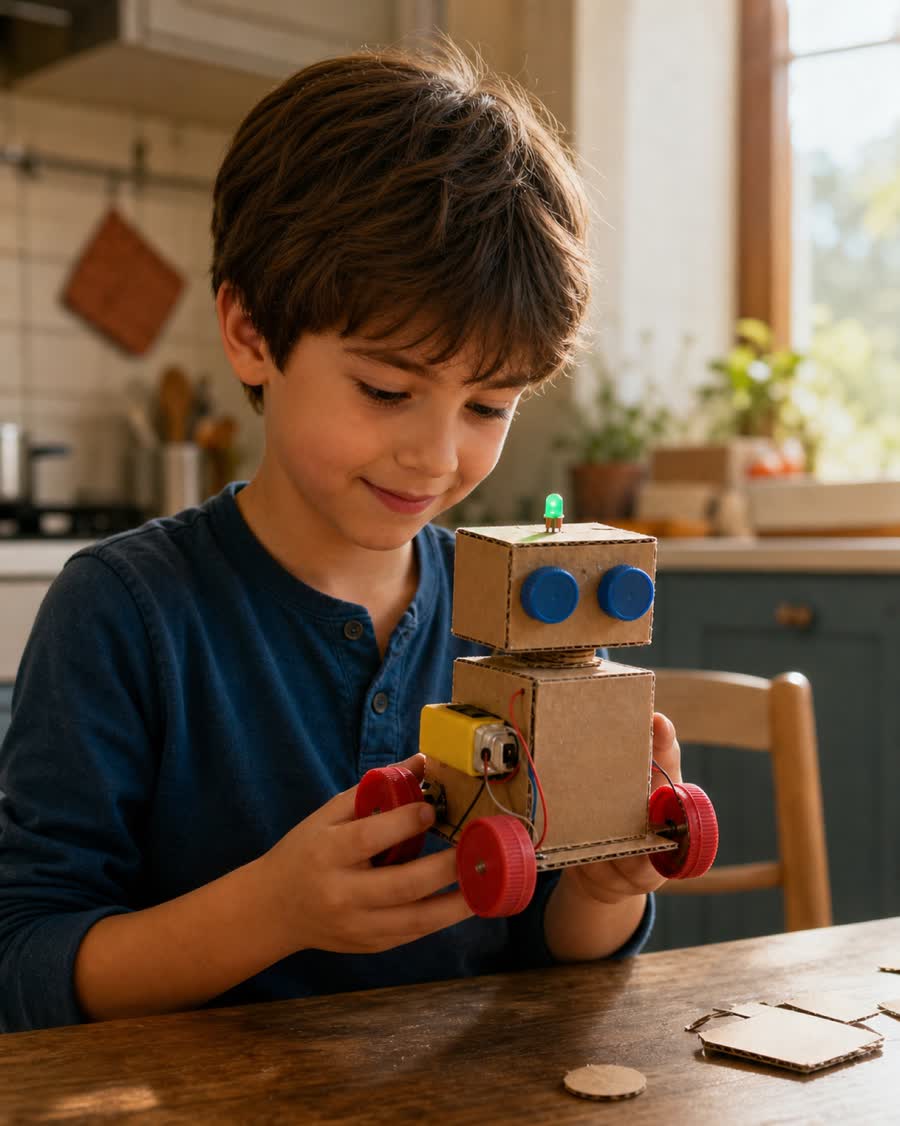 Bambino osserva il robot completato